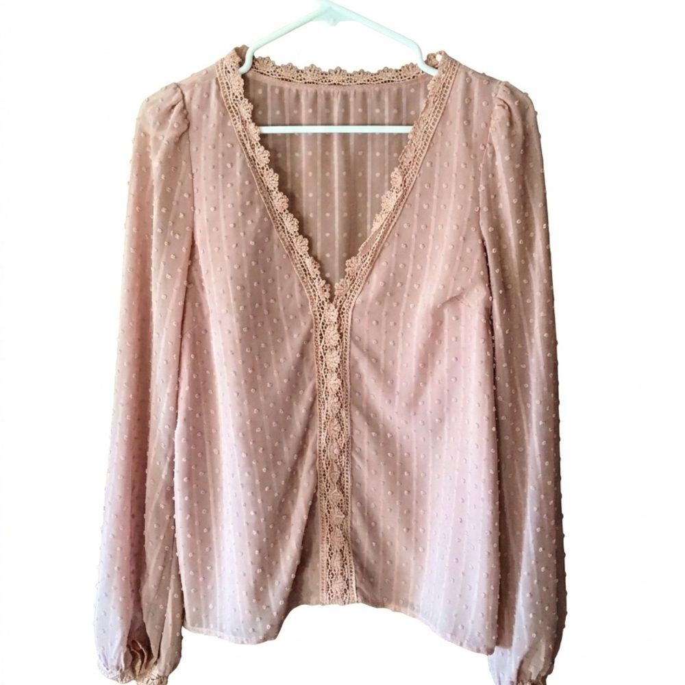 SHEIN Pink Swiss Dot Lace Trim V-Neck Blouse Long Sleeve Boho Romantic Small - Picture 3 of 4